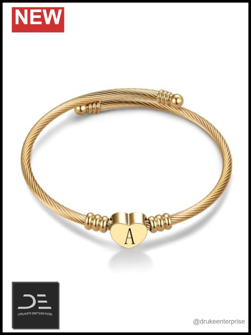 Gold Plated Heart Initial Letter Cuff Bracelet Expandable Stainless Steel
